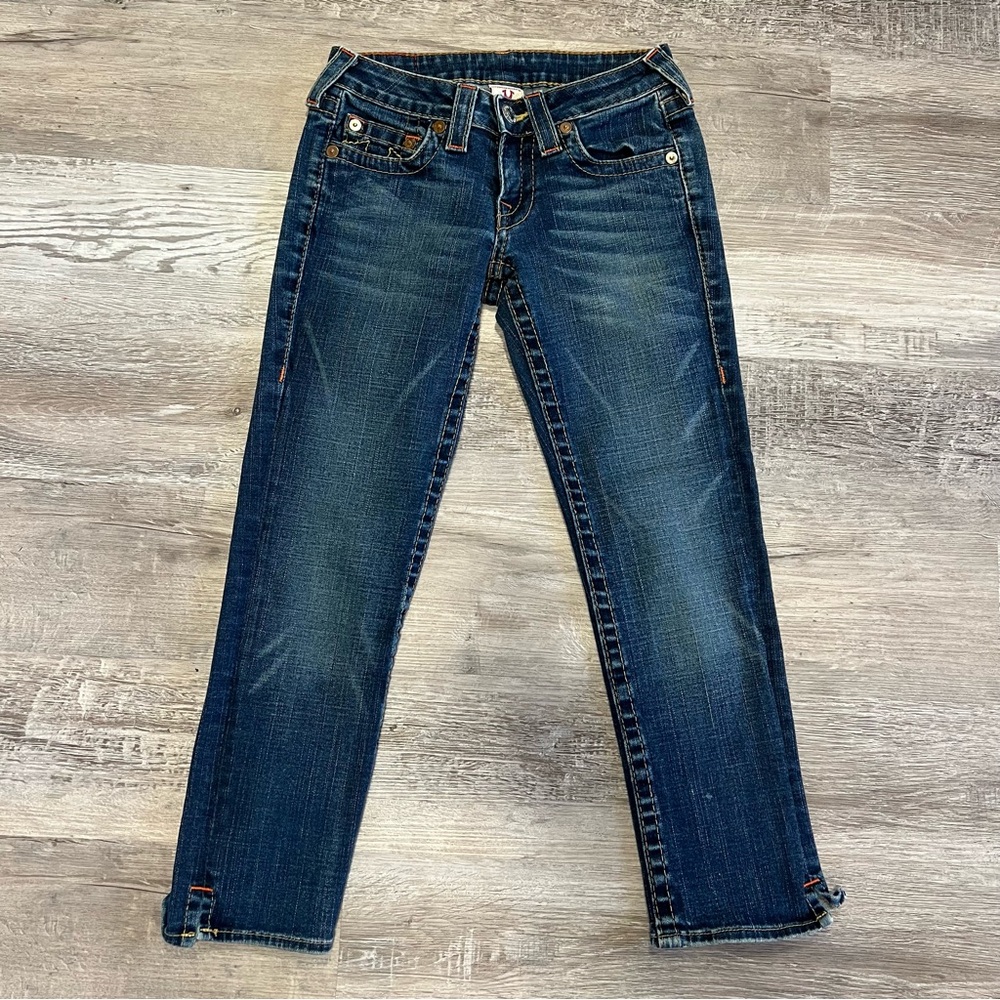 True Religion Western Medium Blue Straight Leg Jeans with Contrast Stitching - Picture 3 of 13